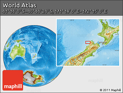 Physical Location Map of the Area around 40° 59' 12" S, 171° 46' 30" E
