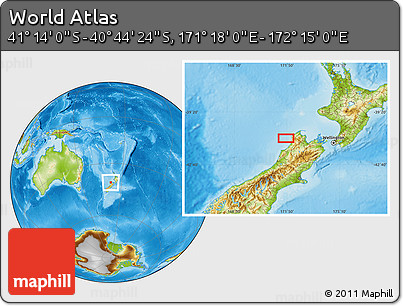 Physical Location Map of the Area around 40° 59' 12" S, 171° 46' 30" E