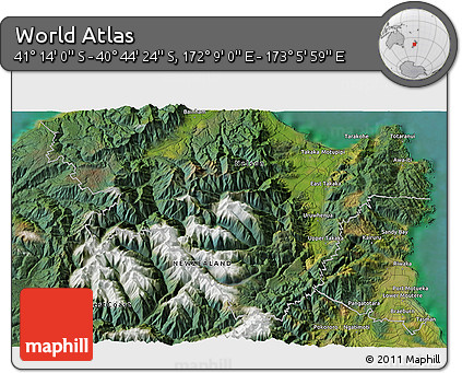 Satellite 3D Map of the Area around 40° 59' 12" S, 172° 37' 30" E