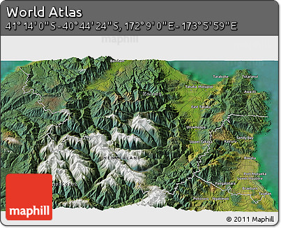 Satellite 3D Map of the Area around 40° 59' 12" S, 172° 37' 30" E