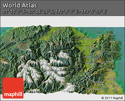 Satellite 3D Map of the Area around 40° 59' 12" S, 172° 37' 30" E