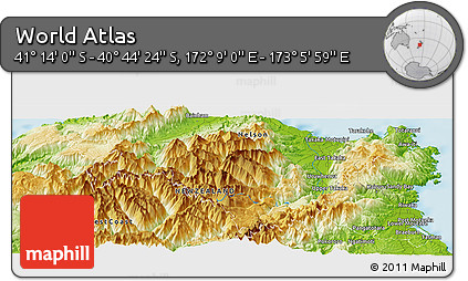Physical Panoramic Map of the Area around 40° 59' 12" S, 172° 37' 30" E