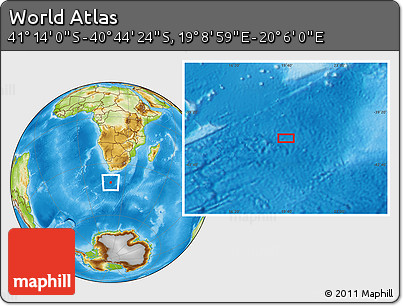 Physical Location Map of the Area around 40° 59' 12" S, 19° 37' 30" E