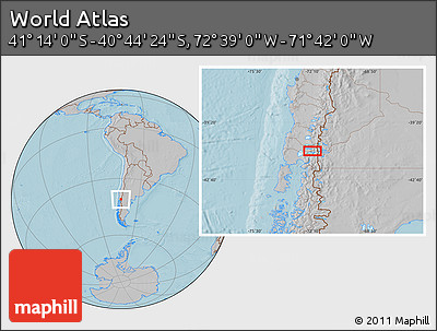 Gray Location Map of the Area around 40° 59' 12" S, 72° 10' 30" W, hill shading