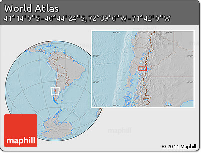 Gray Location Map of the Area around 40° 59' 12" S, 72° 10' 30" W, hill shading