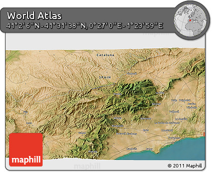 Satellite 3D Map of the Area around 41° 16' 52" N, 0° 55' 29" E
