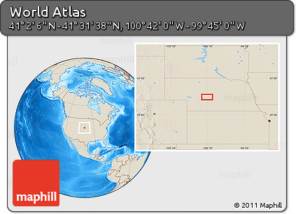 Shaded Relief Location Map of the Area around 41° 16' 52" N, 100° 13' 29" W