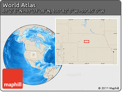 Shaded Relief Location Map of the Area around 41° 16' 52" N, 100° 13' 29" W