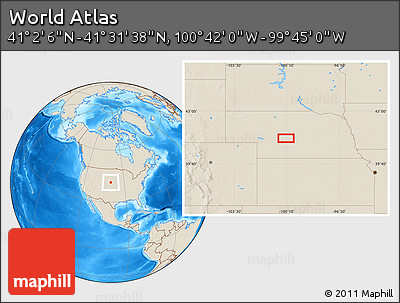 Shaded Relief Location Map of the Area around 41° 16' 52" N, 100° 13' 29" W
