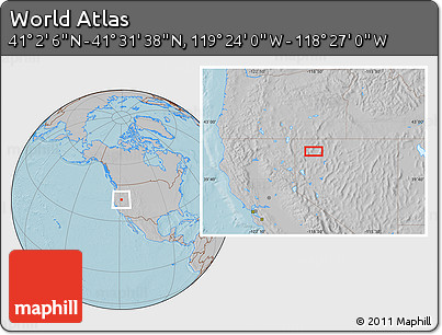 Gray Location Map of the Area around 41° 16' 52" N, 118° 55' 30" W, hill shading