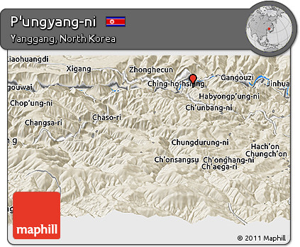 Shaded Relief Panoramic Map of P'ungyang-ni