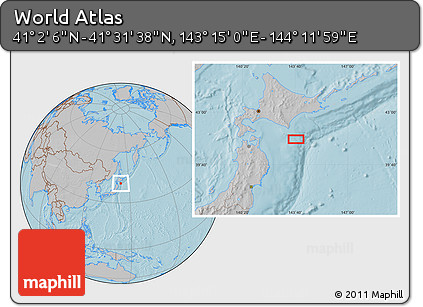 Gray Location Map of the Area around 41° 16' 52" N, 143° 43' 29" E, hill shading