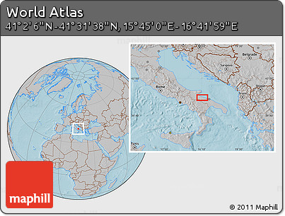 Gray Location Map of the Area around 41° 16' 52" N, 16° 13' 30" E, hill shading