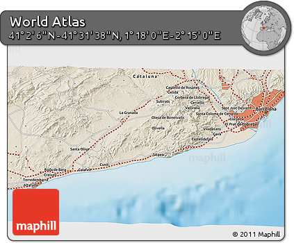 Shaded Relief 3D Map of the Area around 41° 16' 52" N, 1° 46' 29" E