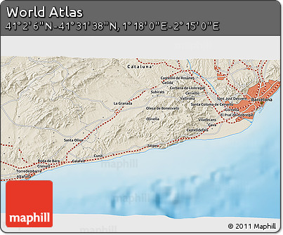 Shaded Relief 3D Map of the Area around 41° 16' 52" N, 1° 46' 29" E