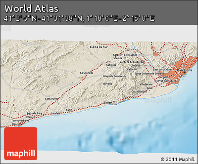 Shaded Relief 3D Map of the Area around 41° 16' 52" N, 1° 46' 29" E