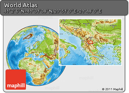 Physical Location Map of the Area around 41° 16' 52" N, 21° 19' 30" E