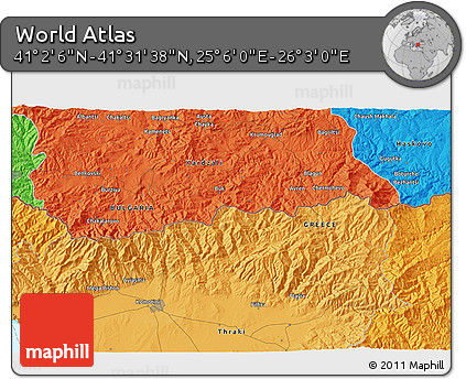 Political 3D Map of the Area around 41° 16' 52" N, 25° 34' 30" E