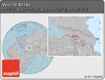 Gray Location Map of the Area around 41° 16' 52" N, 44° 16' 29" E, hill shading