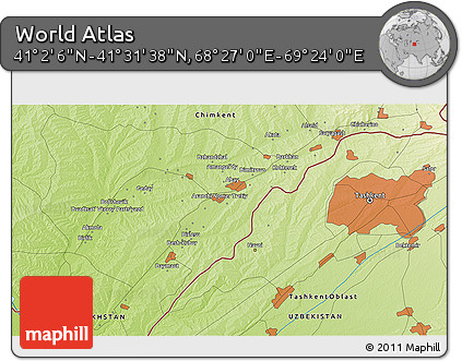 Physical 3D Map of the Area around 41° 16' 52" N, 68° 55' 30" E