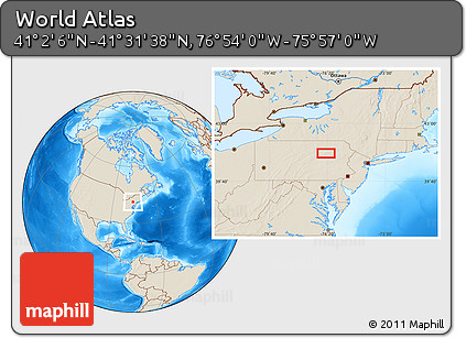 Shaded Relief Location Map of the Area around 41° 16' 52" N, 76° 25' 30" W