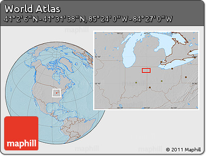 Gray Location Map of the Area around 41° 16' 52" N, 84° 55' 30" W, hill shading