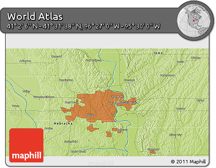 Physical 3D Map of the Area around 41° 16' 52" N, 95° 58' 29" W