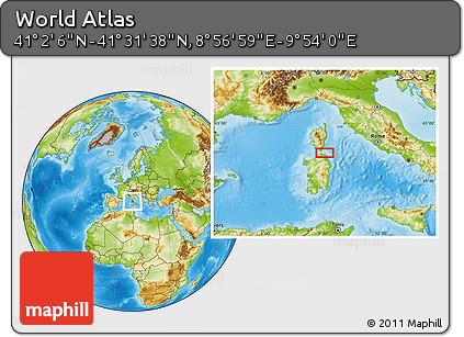 Physical Location Map of the Area around 41° 16' 52" N, 9° 25' 30" E