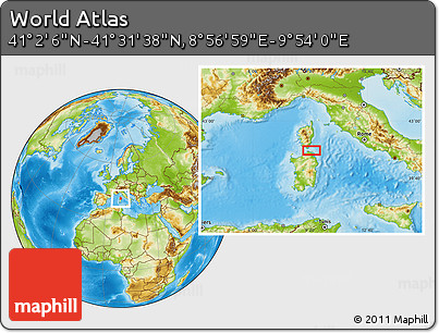 Physical Location Map of the Area around 41° 16' 52" N, 9° 25' 30" E