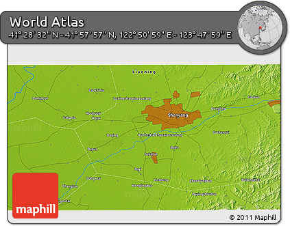 Physical 3D Map of the Area around 41° 43' 14" N, 123° 19' 29" E