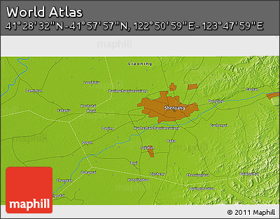 Physical 3D Map of the Area around 41° 43' 14" N, 123° 19' 29" E