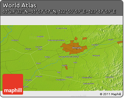 Physical 3D Map of the Area around 41° 43' 14" N, 123° 19' 29" E