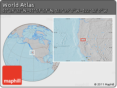 Gray Location Map of the Area around 41° 43' 14" N, 123° 10' 30" W, hill shading
