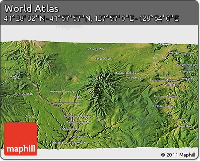 Satellite 3D Map of the Area around 41° 43' 14" N, 128° 25' 30" E