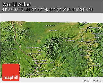 Satellite 3D Map of the Area around 41° 43' 14" N, 128° 25' 30" E