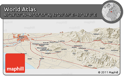 Shaded Relief Panoramic Map of the Area around 41° 43' 14" N, 12° 49' 29" E