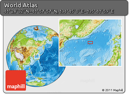Physical Location Map of the Area around 41° 43' 14" N, 135° 13' 29" E