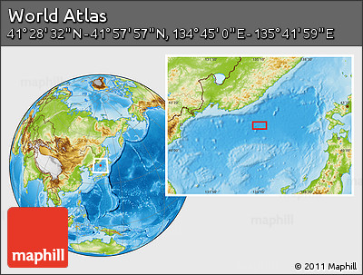Physical Location Map of the Area around 41° 43' 14" N, 135° 13' 29" E