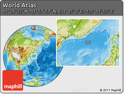 Physical Location Map of the Area around 41° 43' 14" N, 135° 13' 29" E