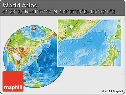 Physical Location Map of the Area around 41° 43' 14" N, 136° 4' 29" E
