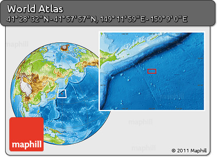 Physical Location Map of the Area around 41° 43' 14" N, 149° 40' 30" E