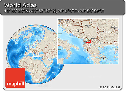 Shaded Relief Location Map of the Area around 41° 43' 14" N, 20° 28' 30" E