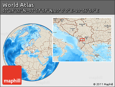 Shaded Relief Location Map of the Area around 41° 43' 14" N, 20° 28' 30" E