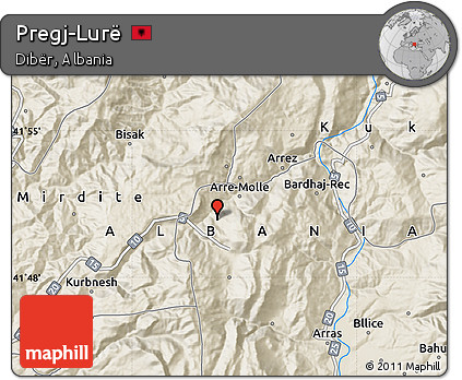 Shaded Relief Map of Pregj-Lurë