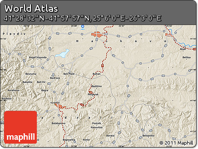 Shaded Relief Map of the Area around 41° 43' 14" N, 25° 34' 30" E
