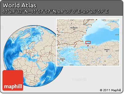 Shaded Relief Location Map of the Area around 41° 43' 14" N, 28° 58' 30" E