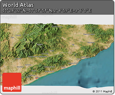 Satellite 3D Map of the Area around 41° 43' 14" N, 2° 37' 30" E