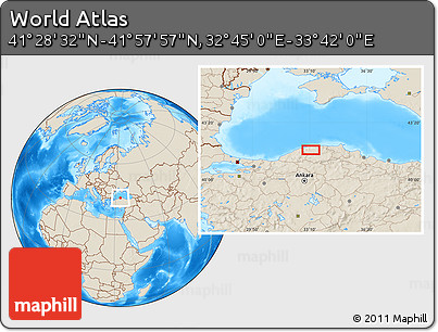 Shaded Relief Location Map of the Area around 41° 43' 14" N, 33° 13' 30" E