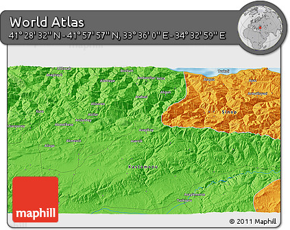 Political 3D Map of the Area around 41° 43' 14" N, 34° 4' 30" E