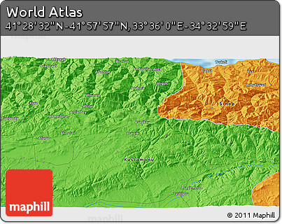 Political 3D Map of the Area around 41° 43' 14" N, 34° 4' 30" E